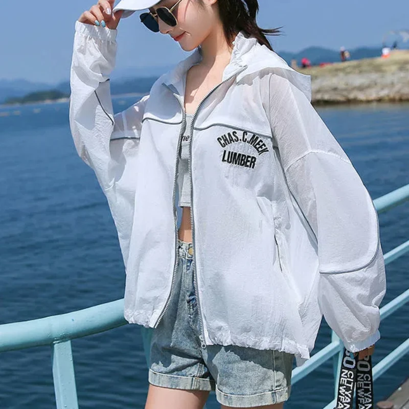 2024 Summer New Women's Korean Loose Solid Quick Drying Hooded Spliced Letter Zipper Long Sleeve Casual Sunscreen Clothing Coats