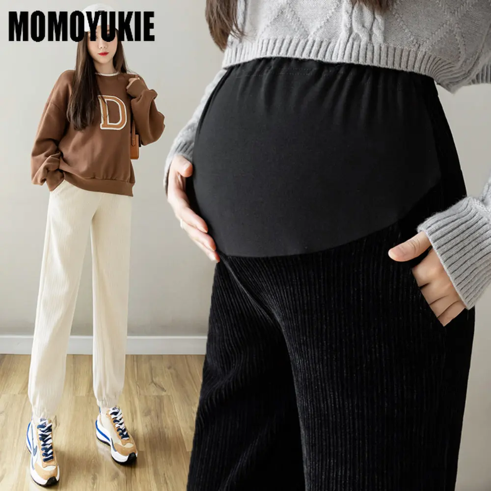 Autumn Winter Warm Corduroy Maternity Pants Wide Leg Loose High Waist Belly Support PantClothes For Pregnant Women Casual Pants