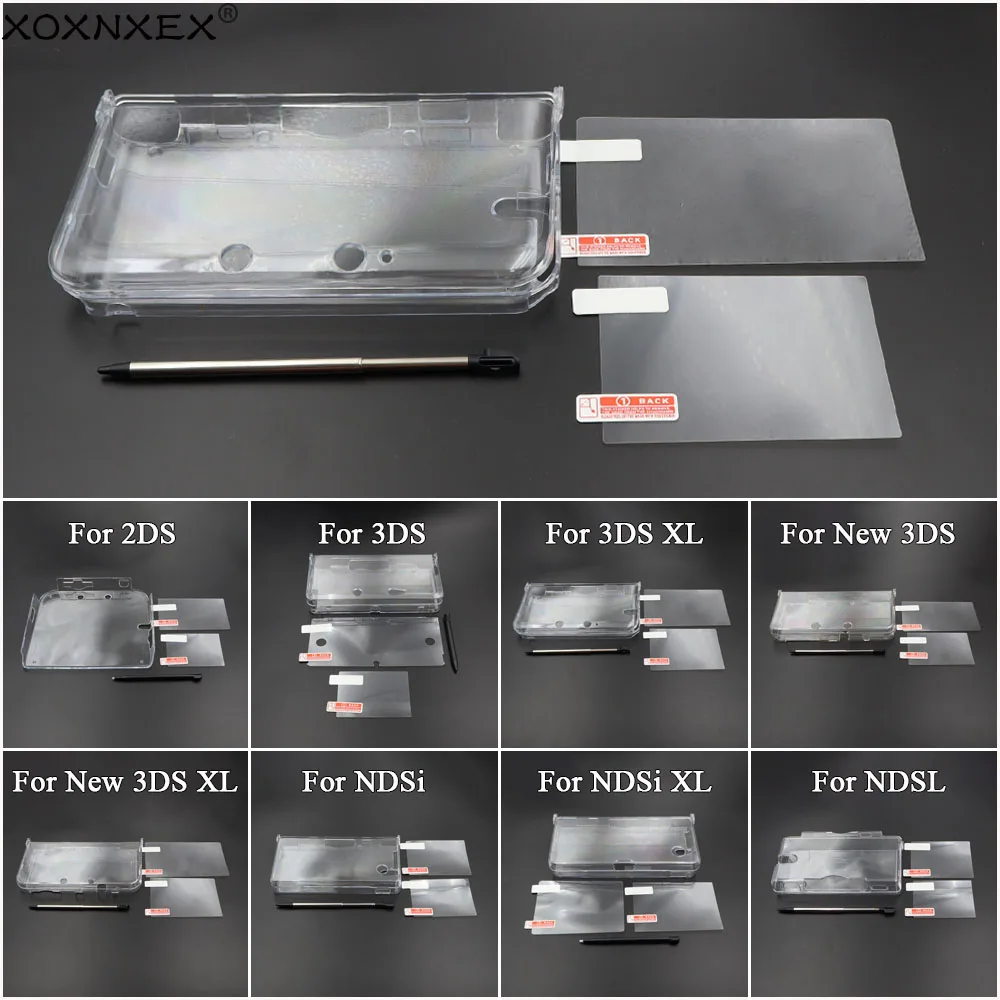 1 Set For New 3DS New 2DS 3DS XL LL NDSi XL NDSL Clear Split Shell Transparent Protective Cover Case Screen Film Stylus Pen
