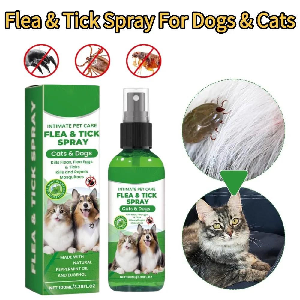 Spray Antipulgas y Garrapatas para Perros y Gatos, 100 ml, Eliminador de Pulgas, Alivio del Picor, Repelente de Insectos, Spray Antimosquitos, Cuidado de Mascotas
