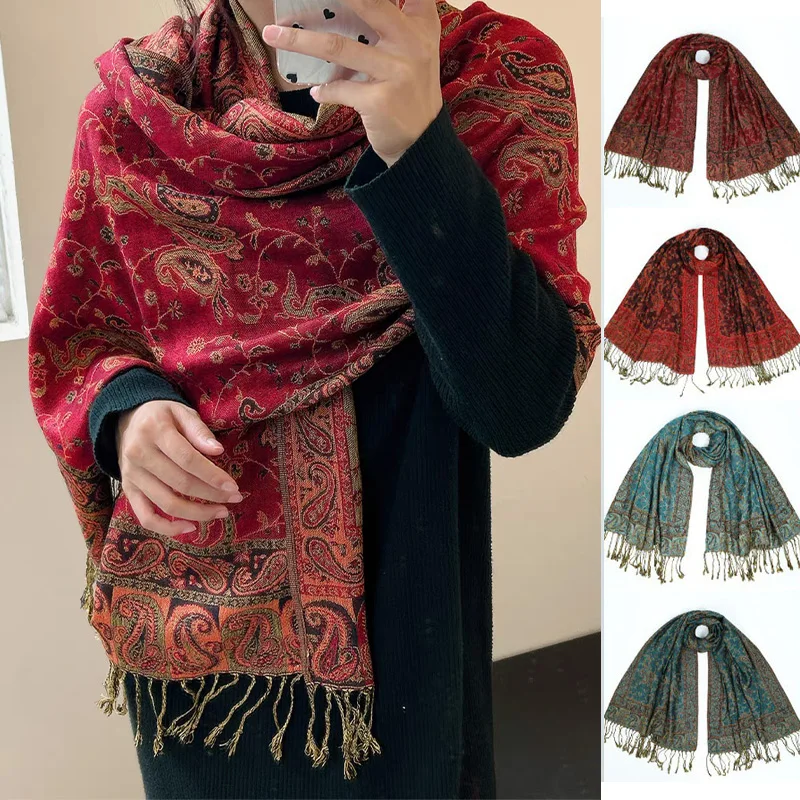 Ladies Elegant Shawls Turban Headscarf Head Wraps Paisley Embroidery Hijab Scarf Retro Cashew Cotton Muslim Scarves Wraps Luxury