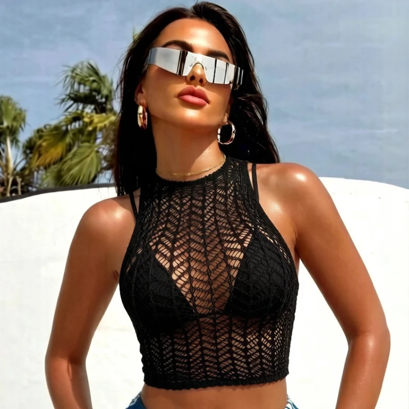1 PC Hollow Out See-through Top Sexy Fishnet Top Women Summer Beachwear Cover Up Swimwear without Bikini Y2K Style