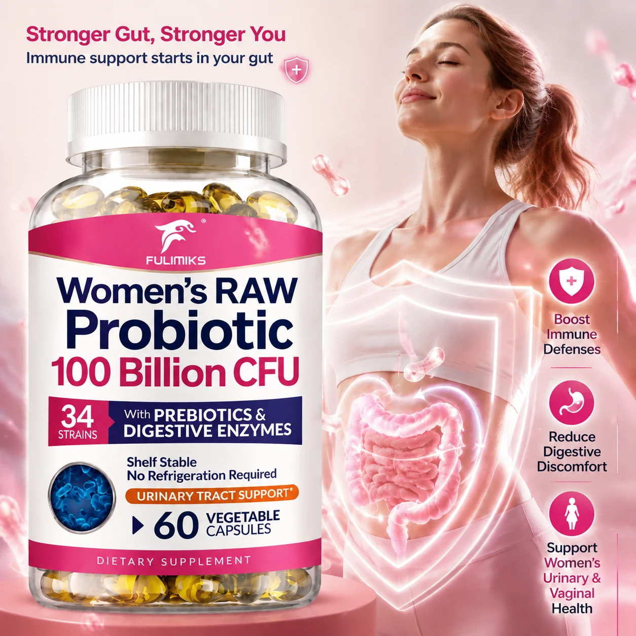 Raw Probiotics for Women 100 Billion CFU Capsules with Prebiotics, Digestive Enzymes, Support Vaginal, Intestinal Health, Immune