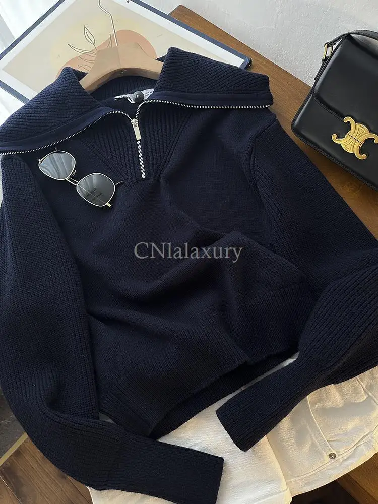 CNlalaxury 2023 Female Autumn Winter Solid Color Polo Collar Zipper Loose Chic Sweater Jumper Pull Femme Long Sleeved Versatile