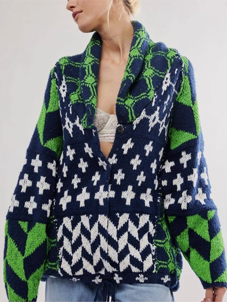 

Color Blocked Knitted Cardigan Coat For Woman Fashion Pattern Lapel Single-breasted Sweater Autumn Winter Ladies Office Sweaters