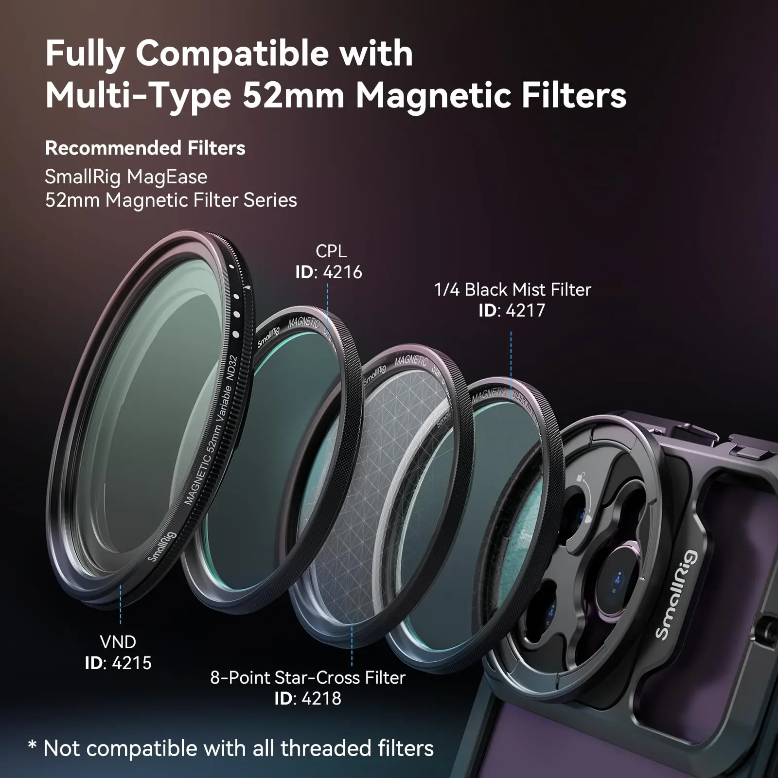 SmallRig 52mm Magnetic Filter Adapter Upgraded for iPhone 15 Series Cage, Phone Lens Filter Ring with M Lens Mount - 3840C