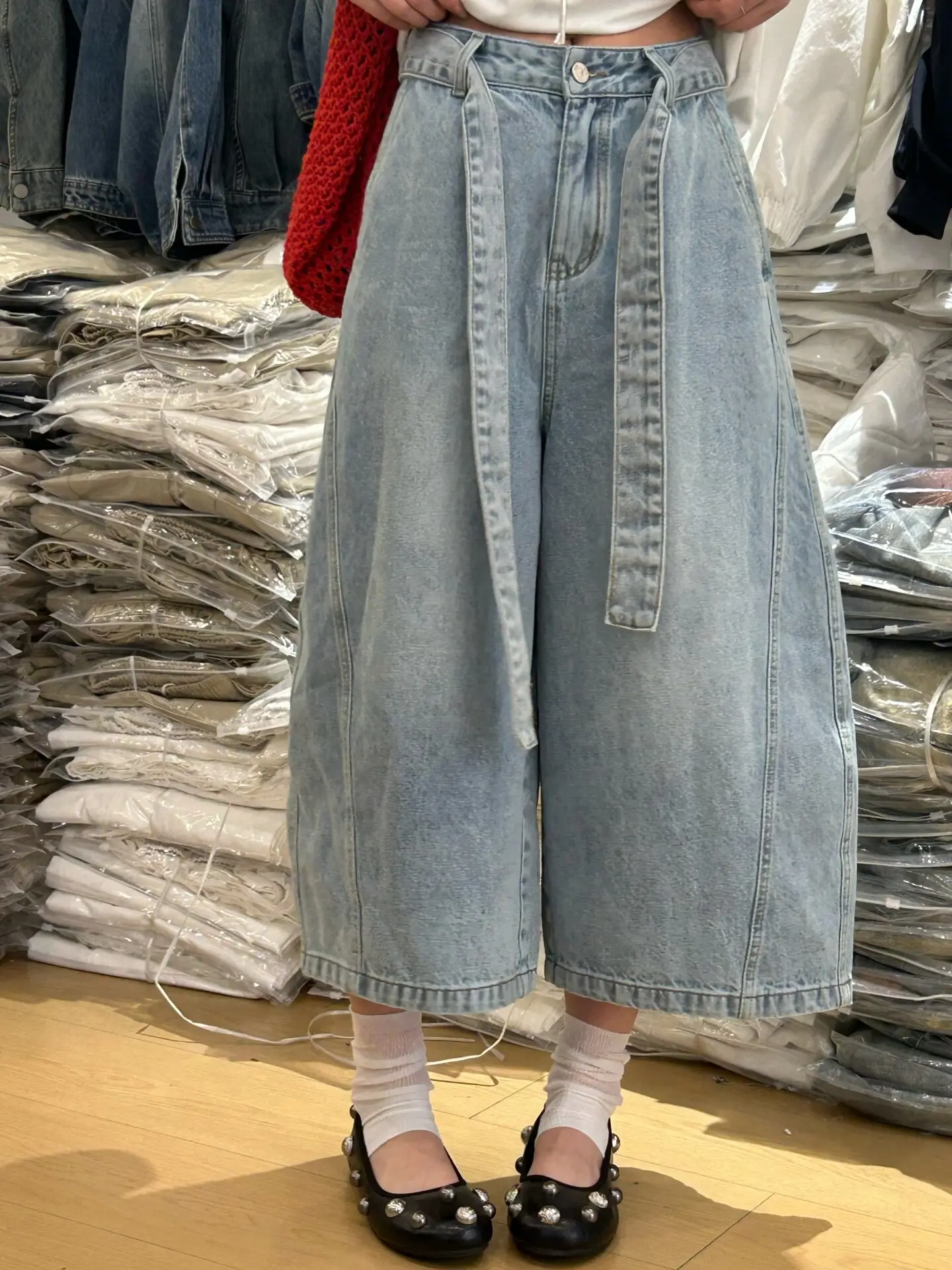 

Casual High Waist Wide Leg Blue Jeans Women's Belted Knife Nine Point Pants Summer New Style Korean Version Loose Fit