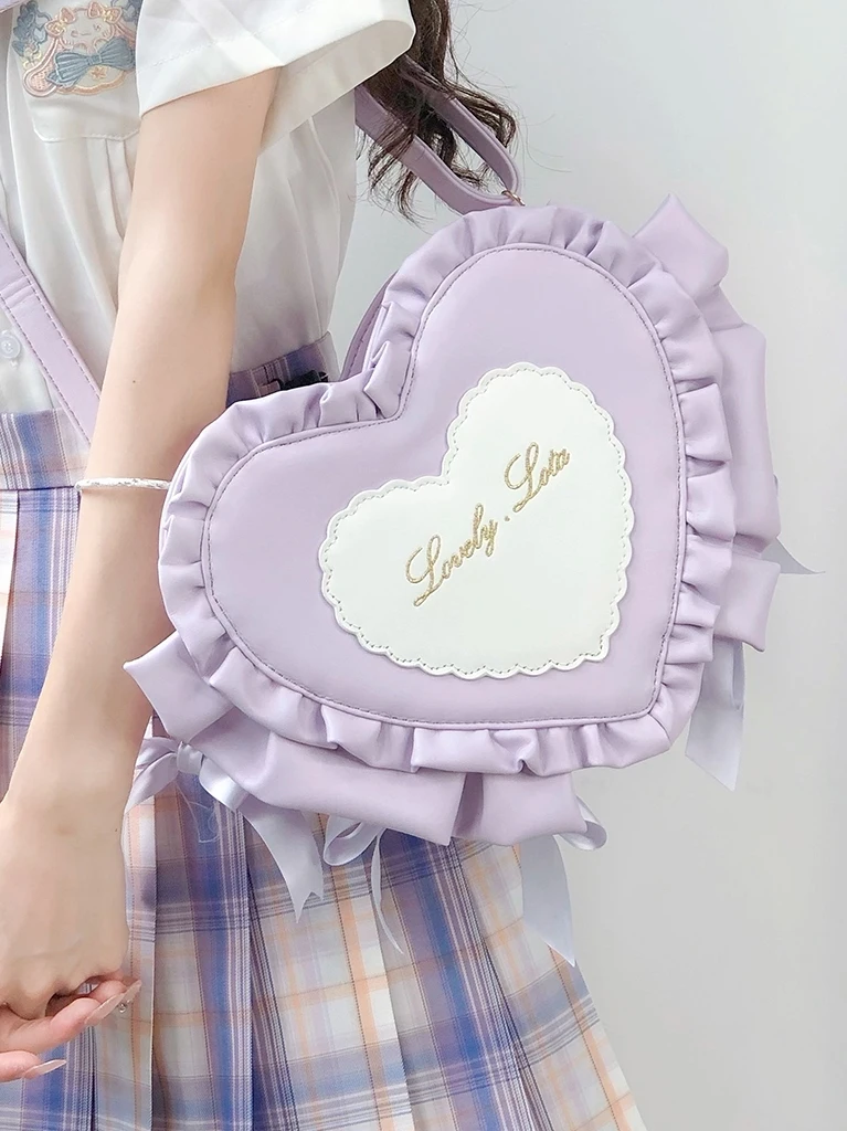 Original Japanese Style Subculture Sweet Soft Girl PU Heart Casual HandBag Ruffles Bow Elegant Lolita Backpack Women Kawaii Bags