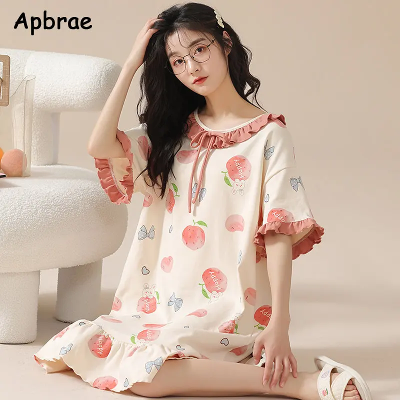 100% Cotton Nightgown Summer High Quality Kawaii Woman Night Gown Round Collar Nightgowns for Women Soft Fashion Night Skirt