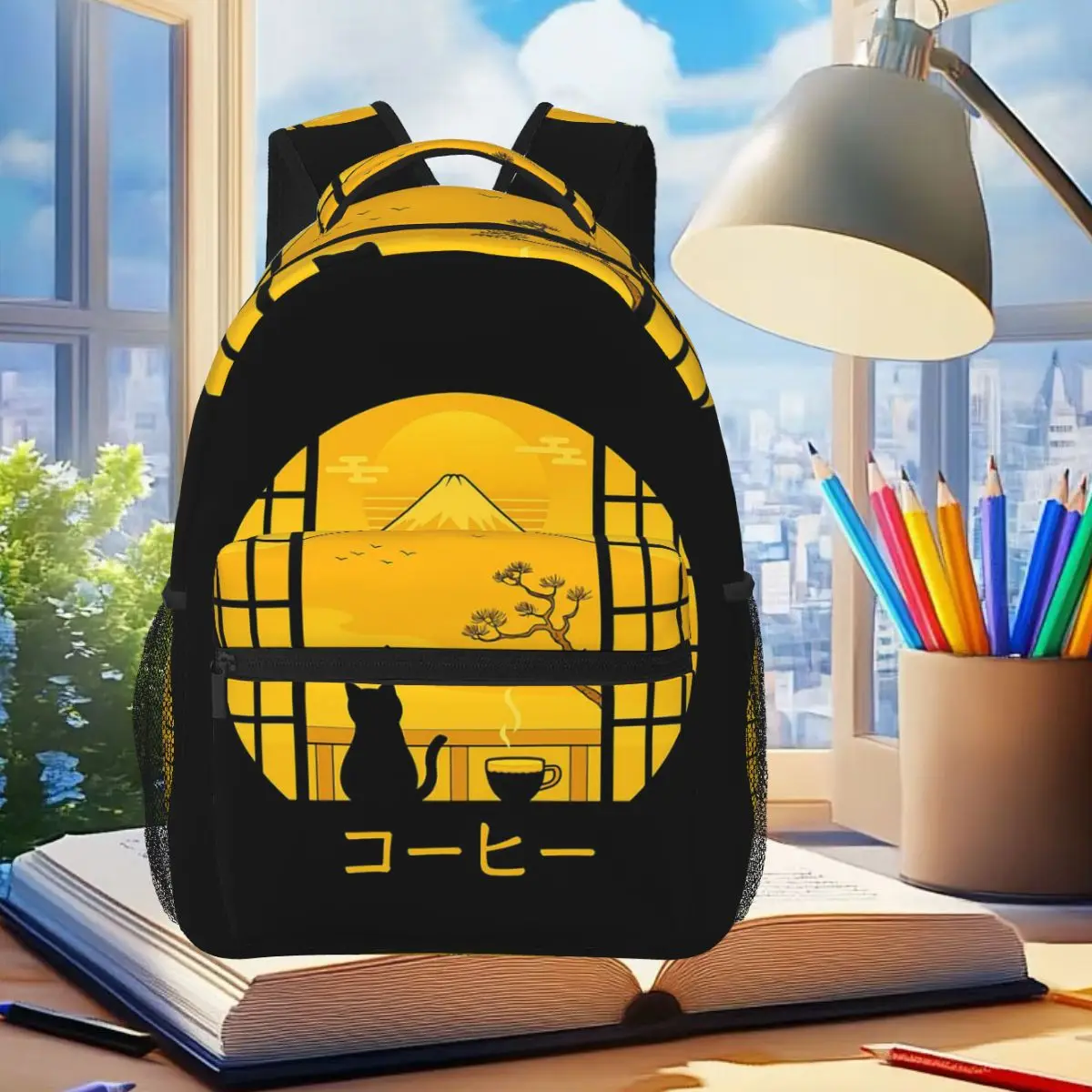 

Coffee Cat In Mt Fuji Japanese Style Printed Backpack Student Boys Girls BookBag School Bag Laptop Shoulder Bags for Men Women