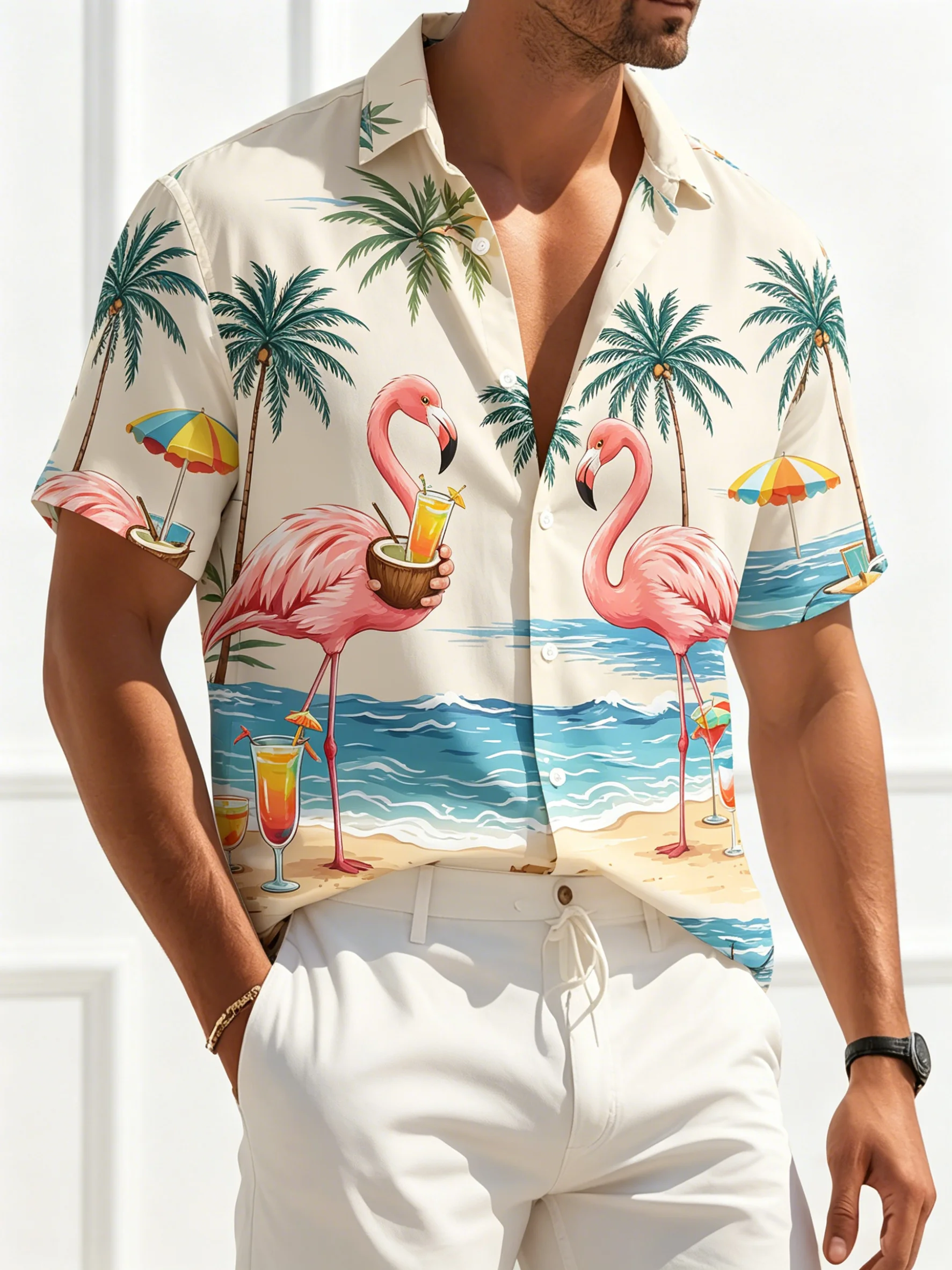 Camisa con botones y estampado de flamencos en color blanco roto para hombre, camisetas hawaianas con cuello vuelto para vacaciones de primavera y verano, uso diario informal