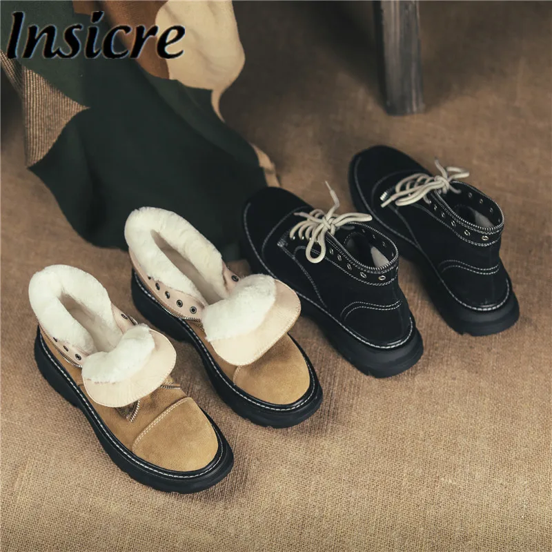 

Insicre 2022 Snow Boots Cow Nubuck Leather Round Toe Lace Up Sheep Wool Thick Heels Size 42 Women Ankle Winter Shoes