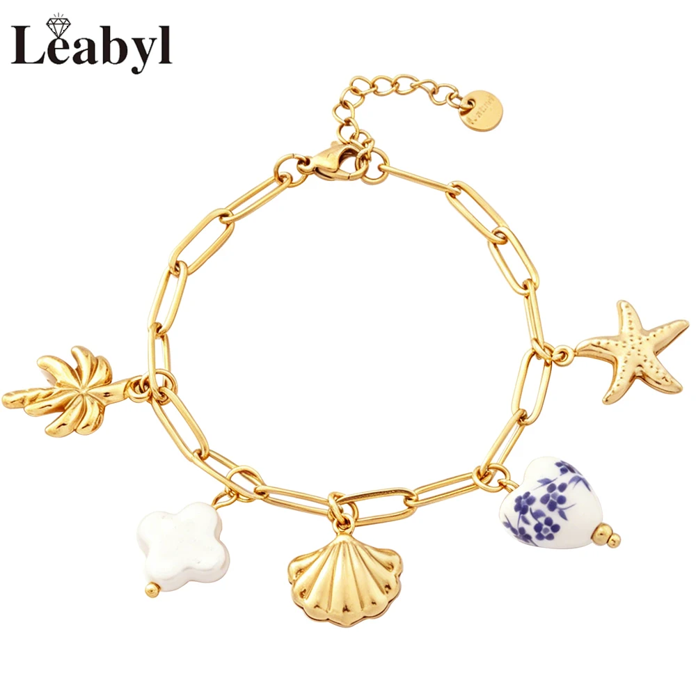 

Gold Plated Starfish Coconut Palm Shell Blue White Porcelain Heart Clover Stainless Steel Bracelet Adjustable Beach Jewelry Gift
