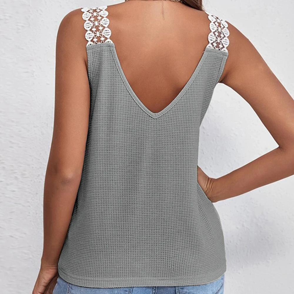 Solid Color Women's Lace Waffle Stitching Casual Vest Top Made of Polyester for Daily Home Club Outfit All Seasons