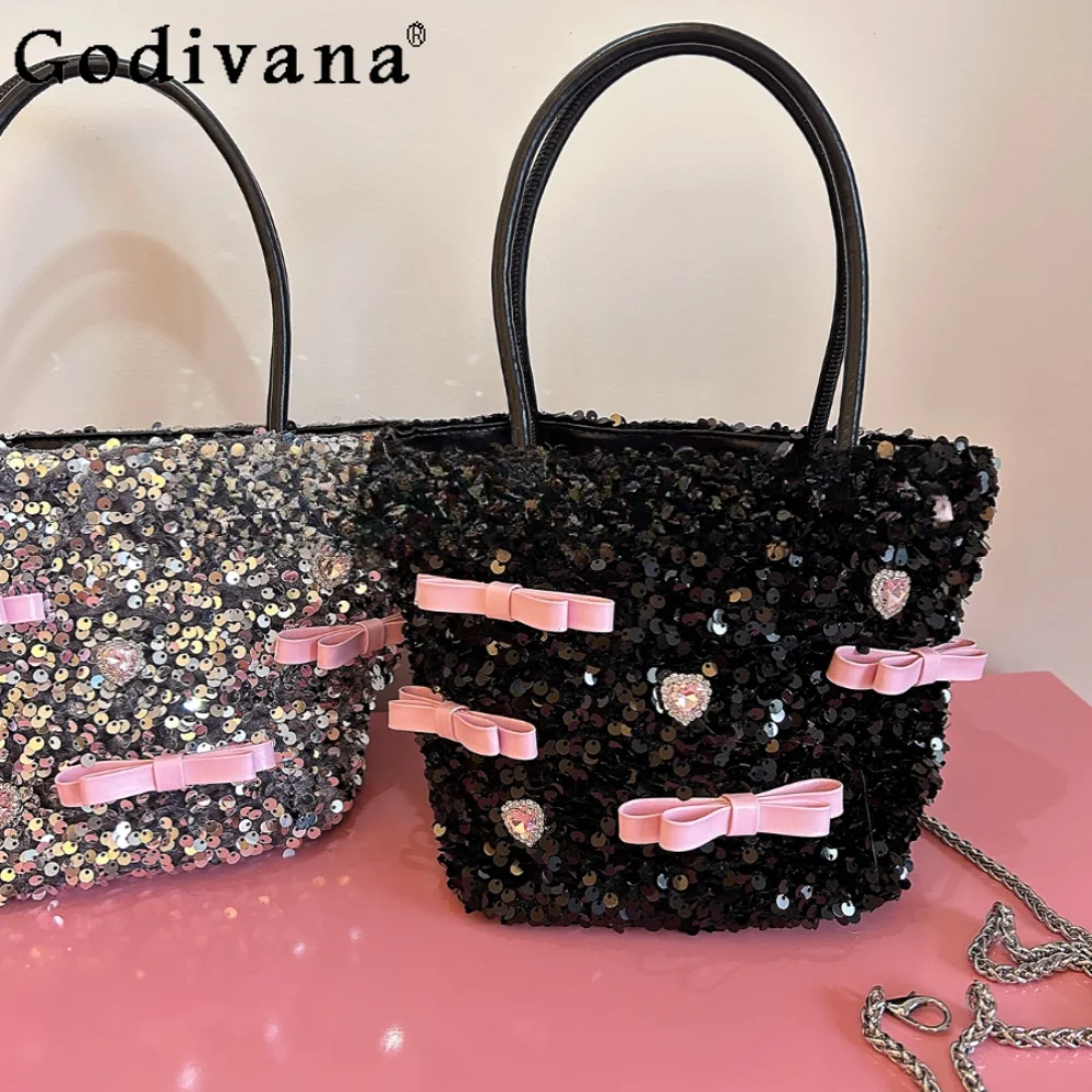 Fashion Princess Shining Handbag Sweet Bow Girl Heart Sequins Shoulder Crossbody Bags Women's Tote Bags