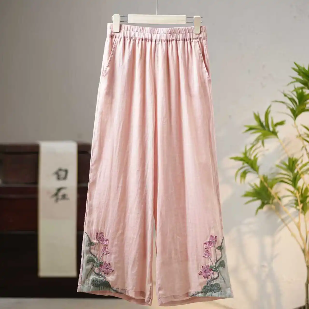 Summer Chinese Style National Style New Women Color Blocked Embroidered Ethnic Cotton Linen Retro Loose Elastic Wide Leg Pants