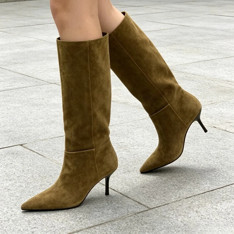 2026 New Suede Heeled Knee-high Boots Women Pointed Toe Retro Winter Boots Female Dress Fashion Designer Knight Long Boots Women image 4
