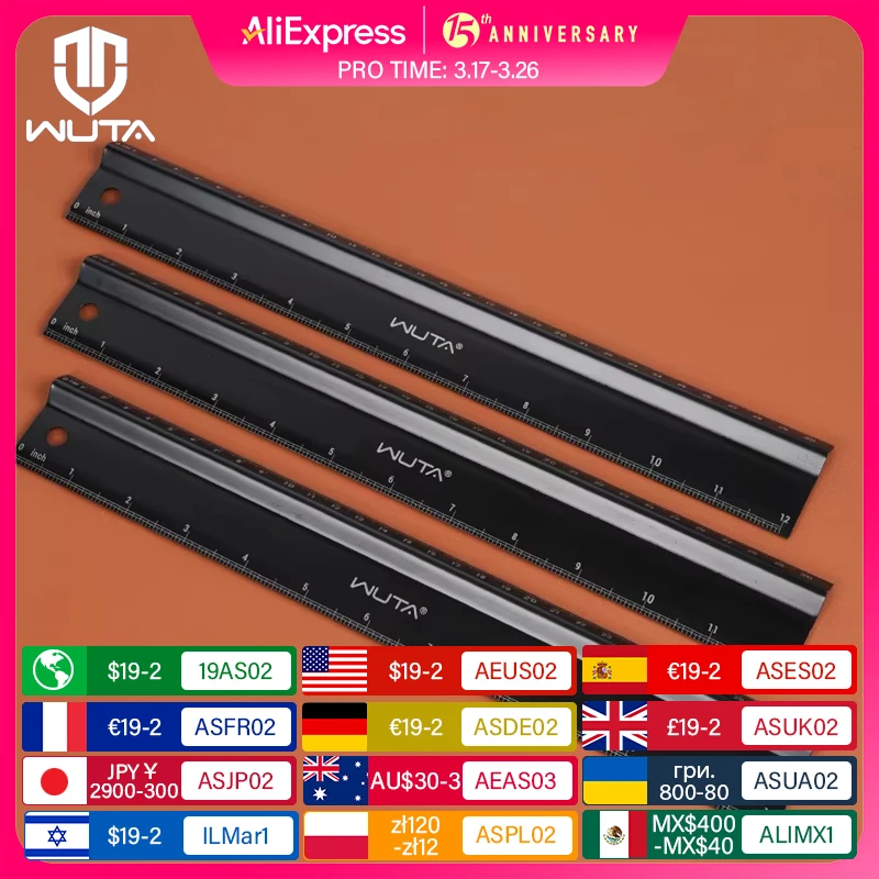 WUTA Leather Cutting Ruler Safety Ruler Titanium Plated Stainless Steel Protective Ruler Metal 30cm 12 inch Non-slip Craft Tools