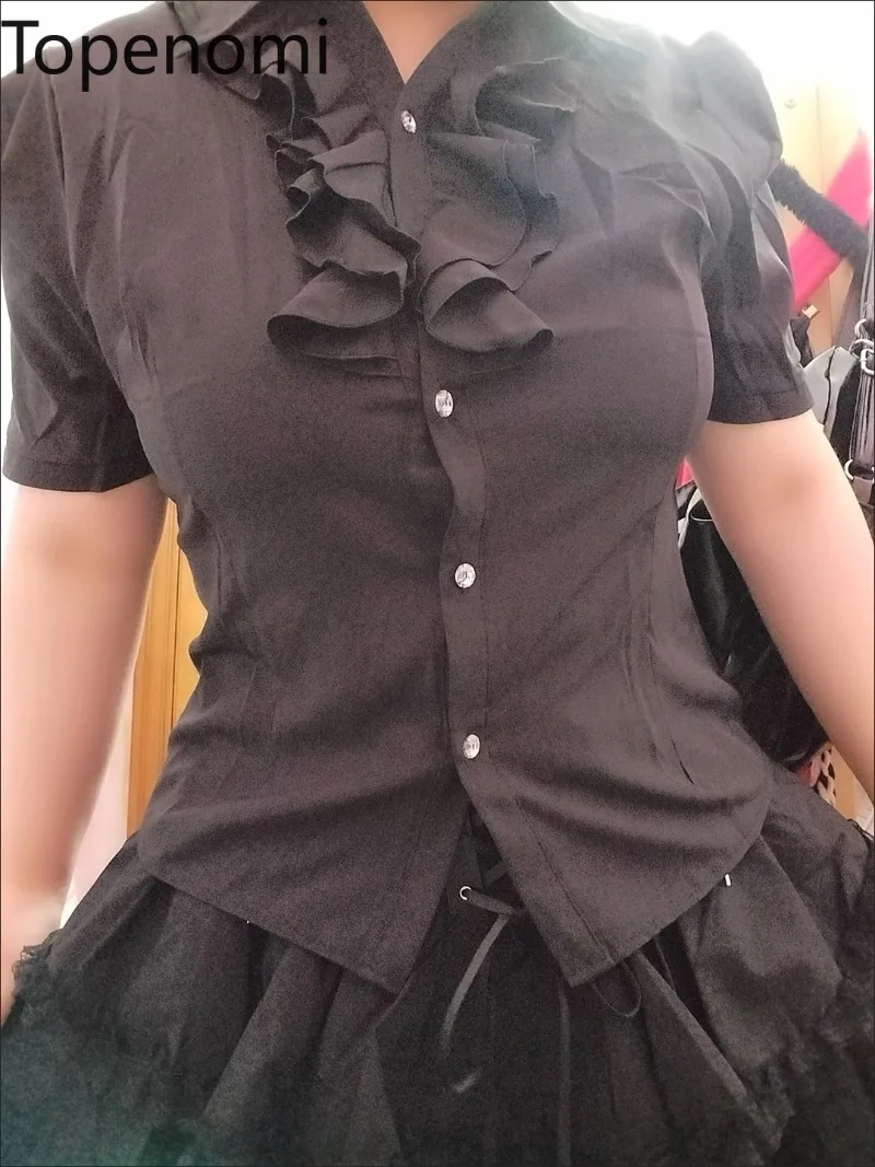 

Topenomi Japanese Sweet Black Ruffle Lapel Shirt Women Summer Elegant Puff Sleeve Slim Waist Crop Top Retro Y2k Cosplay Blouse