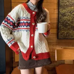 Fair Isle Y2K Sweet Argyle Pattern Knitted Cardigan for Girls Preppy Students Loose Oversized Sweaters Coats Winter Autumn Tops