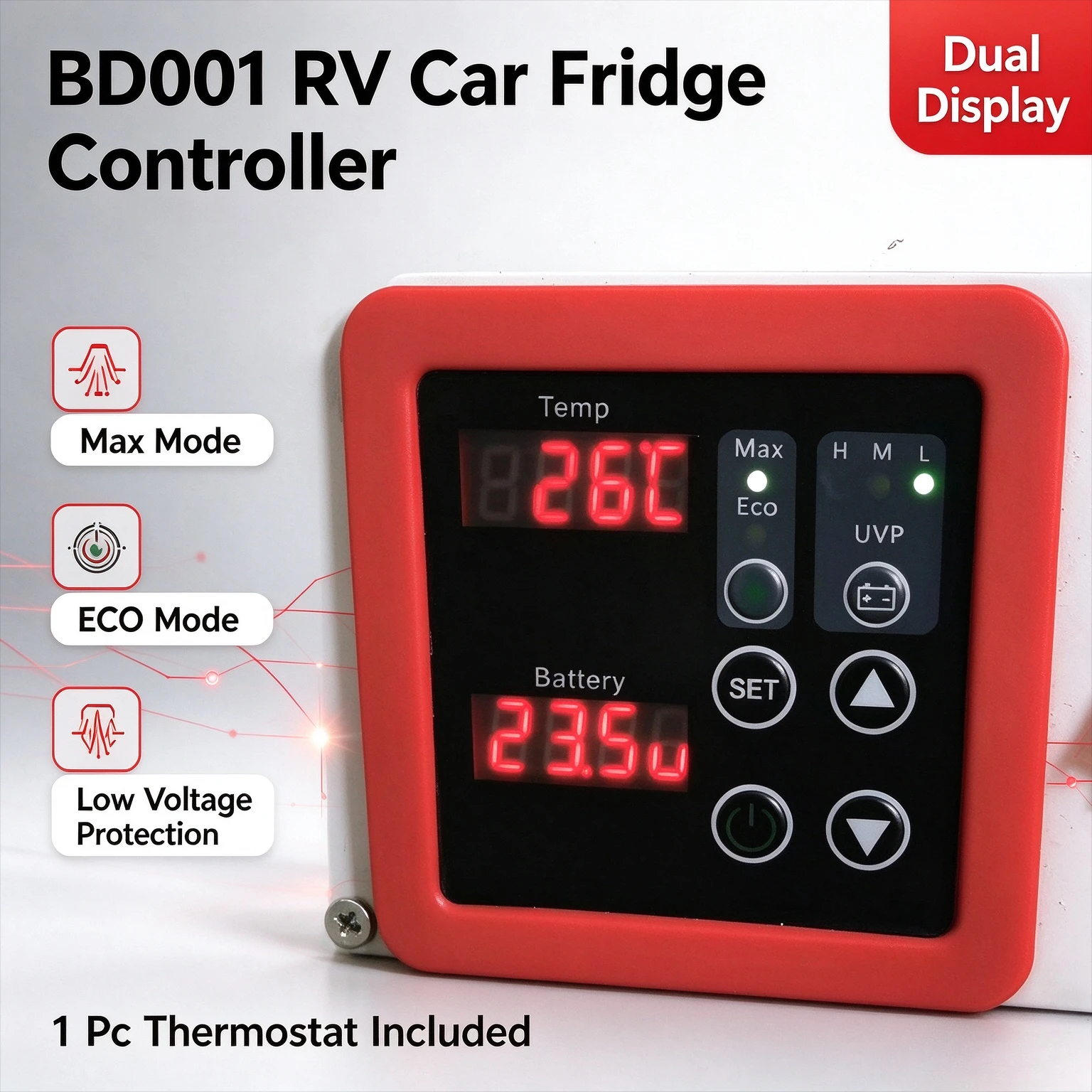 DC Compressor Refrigerator Thermostat BD001 12V 24V Dual Display Temp & Voltage Max ECO UVP Low Voltage Protection Controller