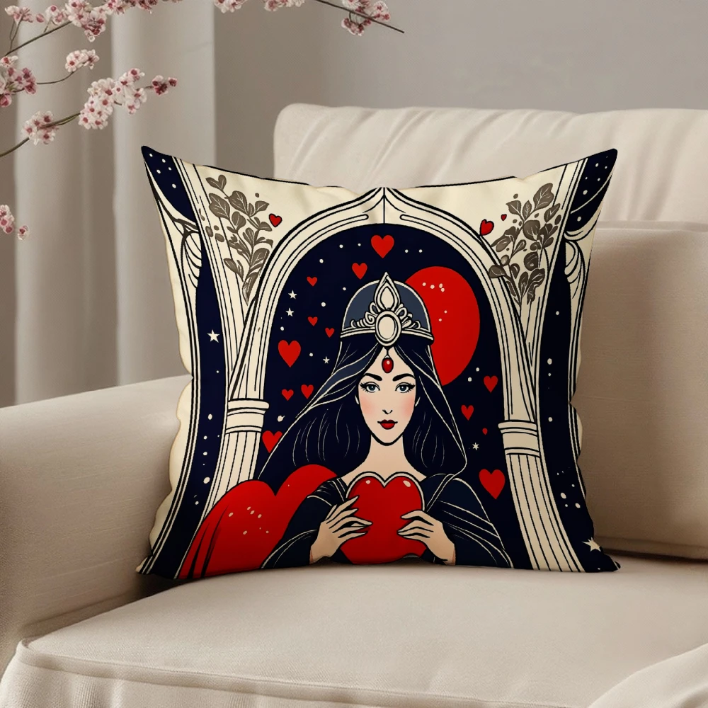 Square Throw Pillow Case Navy Blue And Cream Gothic Queen Holding Red Heart Print Decorative Cushion Cover For Living Room Sofa