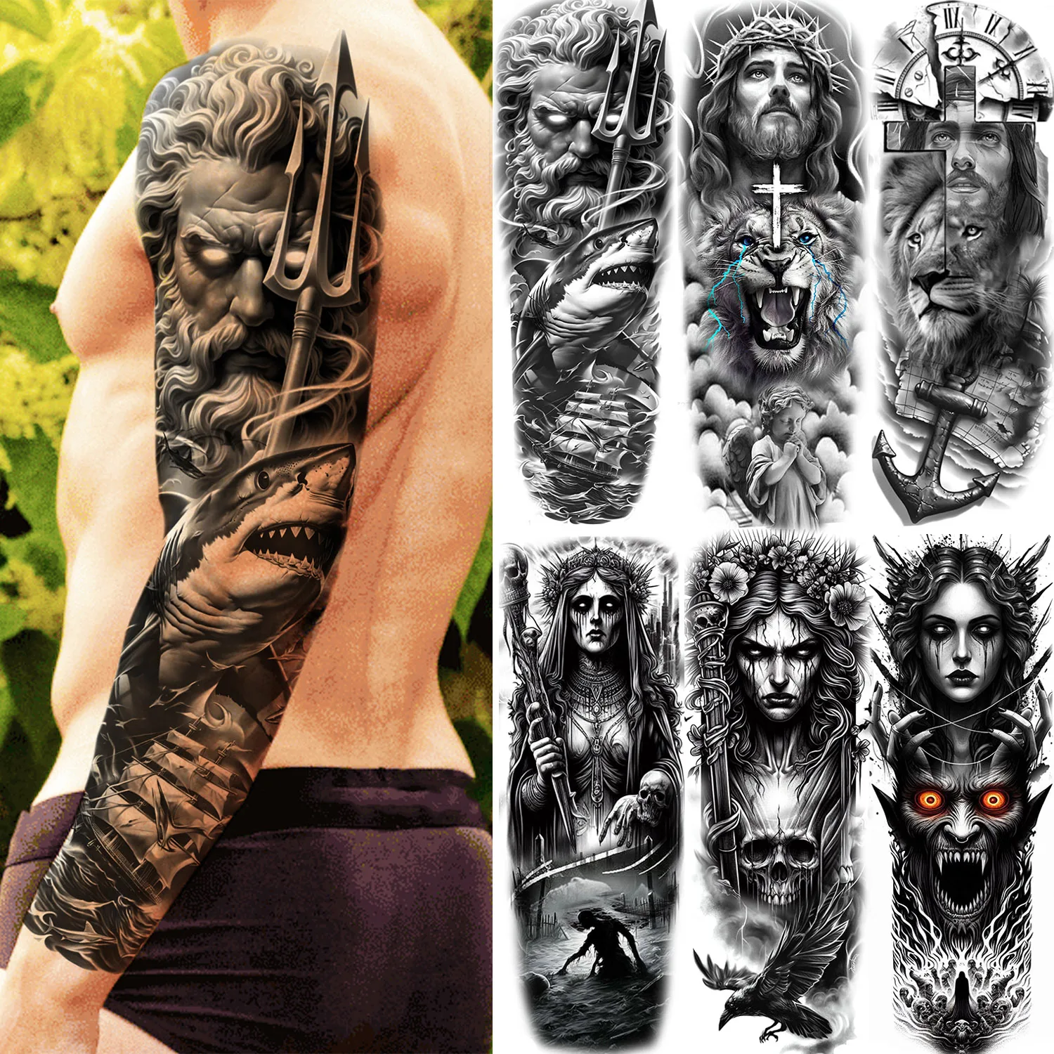

1 Sheet Long Large Zeus Jesus Full Arm Temporary Tattoos Halloween Evil Witch Demon Tatoos Waterproof Fake Tattoo Sleeve Sticker