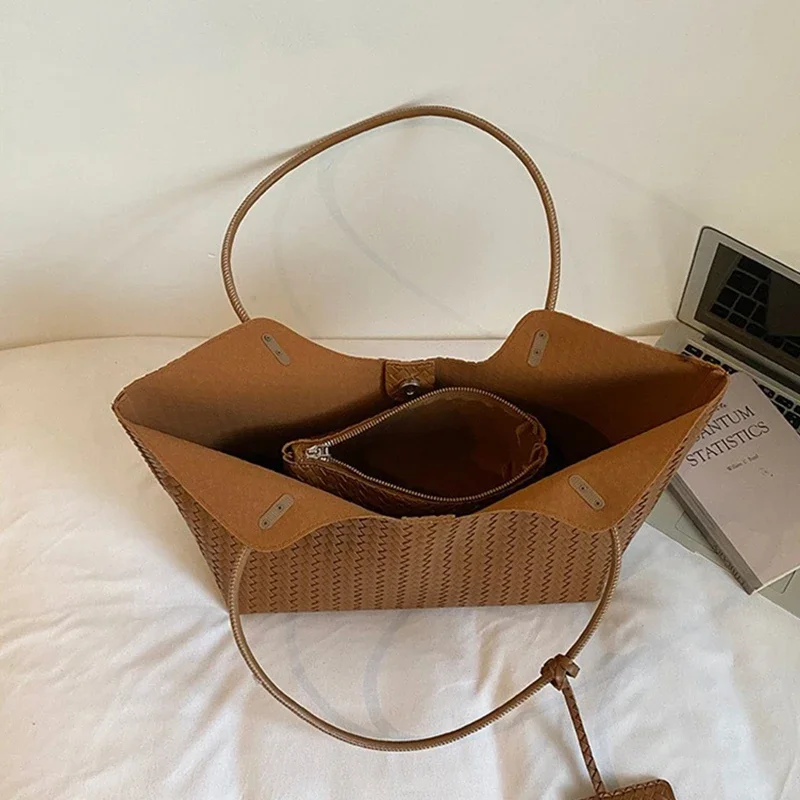 Rattan-Gewebte Tragetasche mit Passender Geldbörse, Vintage-Markt-Einkaufskorb, Pendler-Schultertasche, Sommer-Handtasche mit Großer Kapazität für Damen – Detail 2
