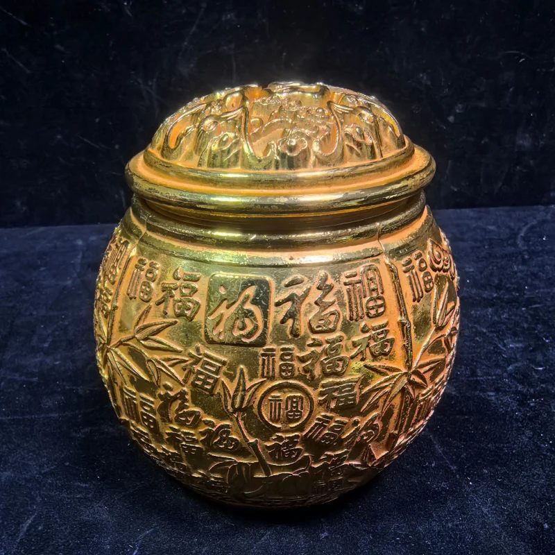 

Antique-Style Tea Canister Pure Copper Gold-Plated Office Ornament Hundred Blessings Bamboo Section Hundred Blessings Harvest Te