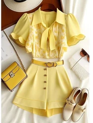 Chiffon giallo risvolto collo stampa Top OL camicia a vita alta pantaloni Casual set 2 pezzi abiti donna primavera estate vestito camicetta