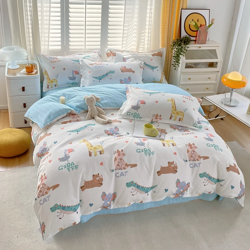 Cartoon Duvet Cover Cute Dinosaur Cat Sloth Print Bedding Set Soft Reversible Quilt Cover +Geometric Flat Sheet + 1/2 Pillowcase