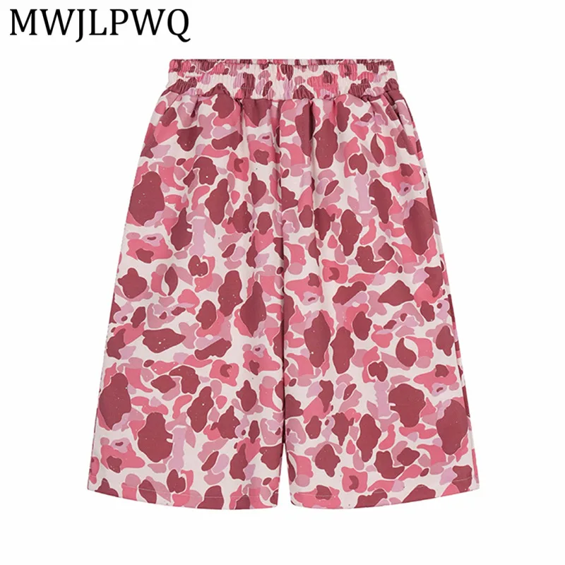 

MWJLPWQ Street-Style Pink Camouflage Wide-Leg Cropped Pants Men Elastic Waist Summer Casual Loose Versatile Sports Shorts 15864