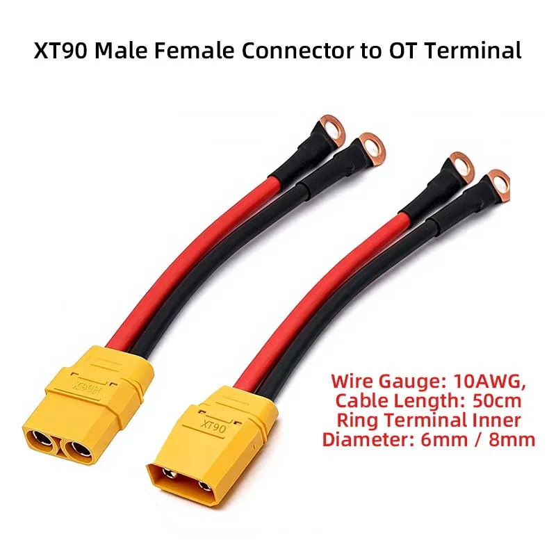 XT90 Male Female Plug to Ring Terminal Cable, 10AWG 50cm, Lipo Battery Adapter Wire for RC Models