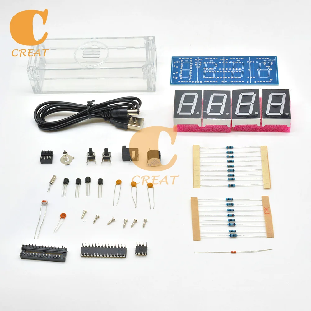 Electronic Clock LED Microcontroller Digital Display Light Control Temperature Thermometer 4-Digit With Transparent Case DIY Kit