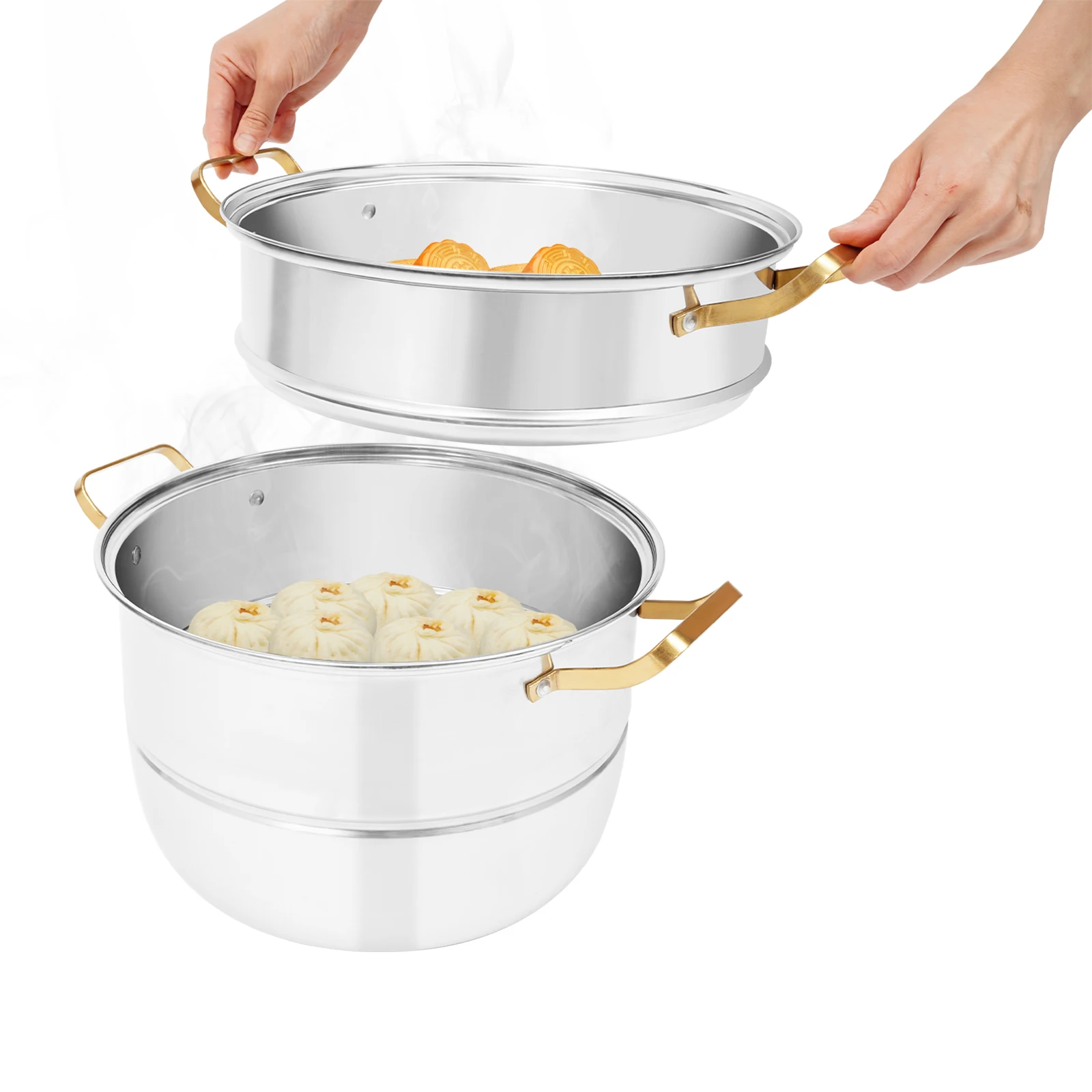 

Steam Cooker 3-Tier 201 Stainless Steel Steam Cooker Steam Cooker with Golden Handle Capacity 8L 32cm for Family Restaurant