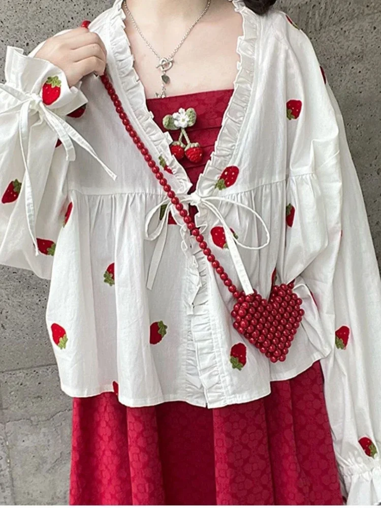 Women Summer Kawaii Strawberry Embroidery Cardigan Kimono Blouse  Sunscreen Shirt Bandage Ruffle Blusas Loose Tops 2025