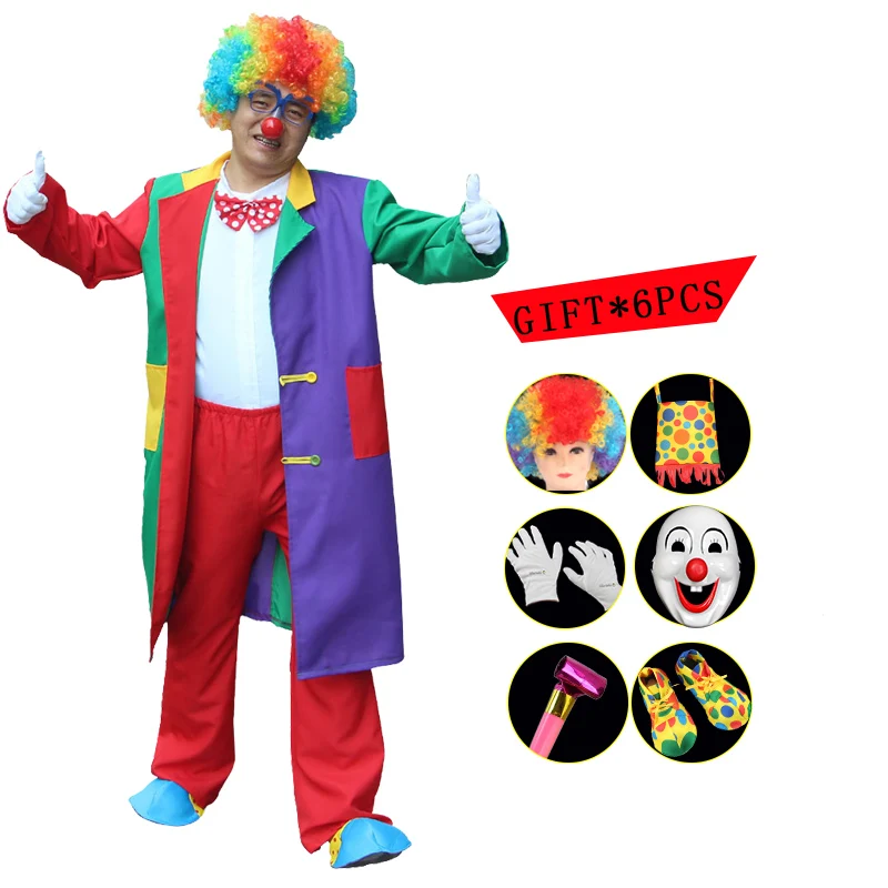 

Carnival Adult Circus Clown Costume with Mask Shoes Wig Blowing Dragon Clown Funny Costume for Men