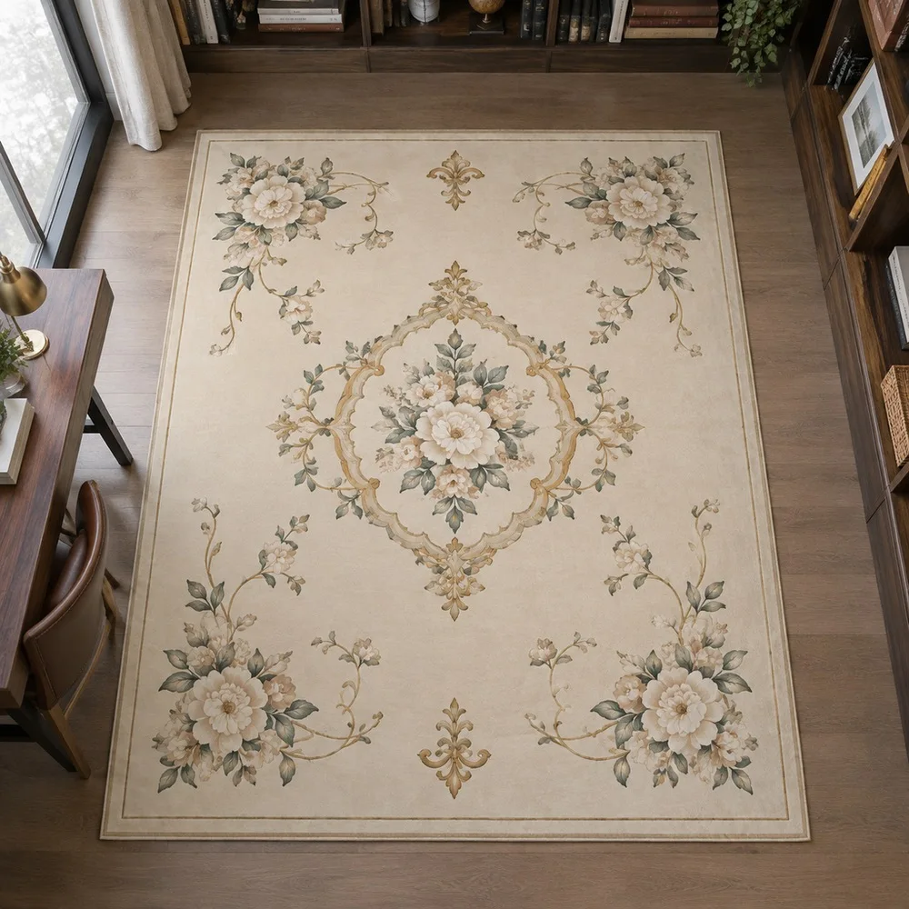 VIKAMA Living Room Rug Champagne Beige Gold Line Symmetrical Bloom Dining Room Balcony Front Door Window Seat Home Decor