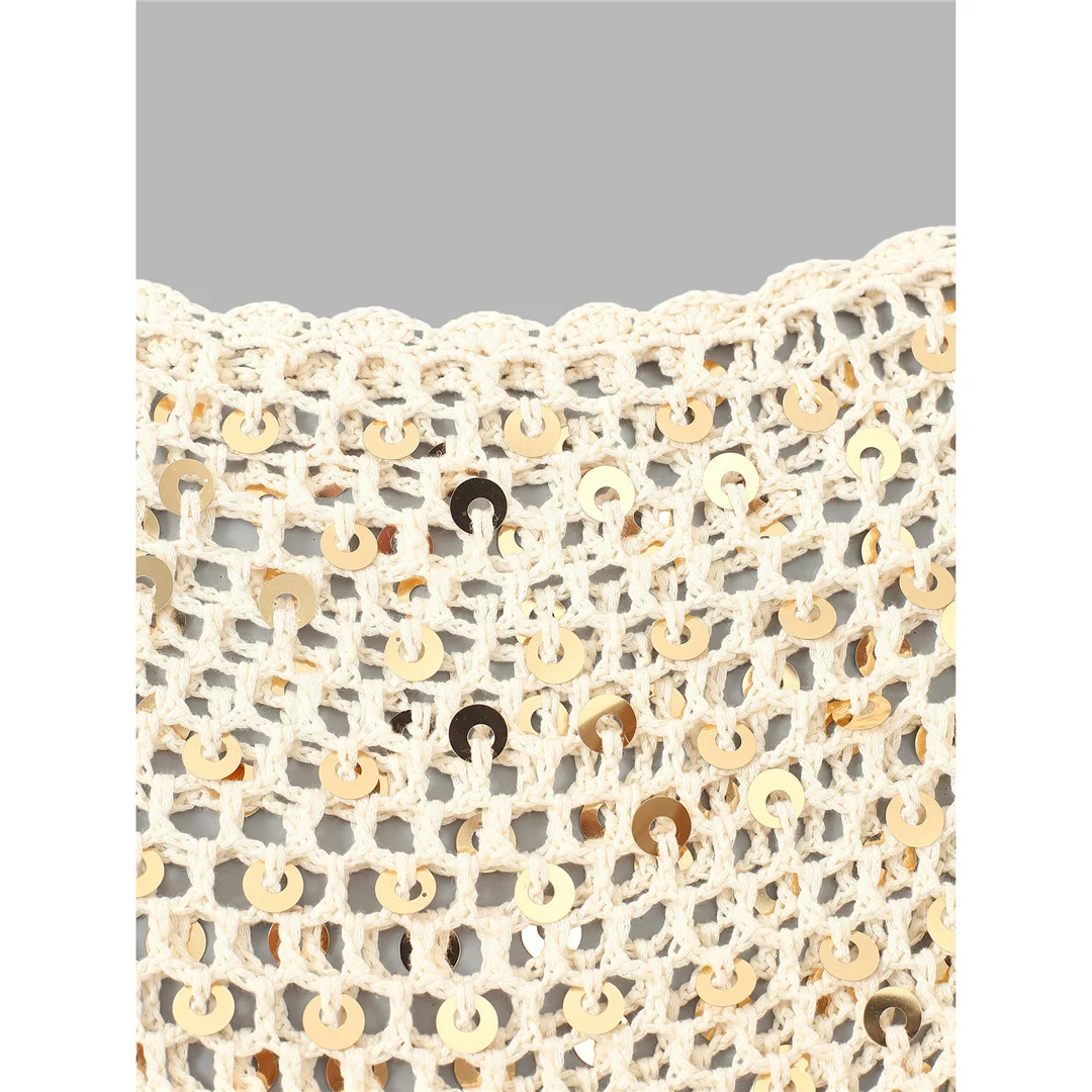 XS - XL Quasten Pailletten Einfarbige Häkel- und Strick-Tunika Strand-Überwurf Strandtop Strandkleidung Damen V8287 – Detail 13