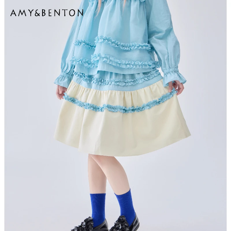 

Original Design Sweet Cool Color-Block Splicing Women's Skirt 2025 Autumn New Y2k Loose Versatile Ruffle Short Skirts Ladies