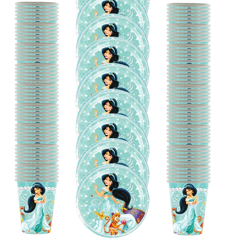 60pcs/lot Jasmine Princess Theme Tableware Set Happy Birthday Party Plates Cups Dishes Decoration Baby Shower Events Supplies