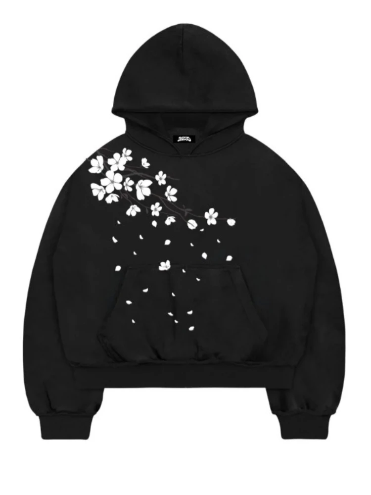 HOUZHOU Cherry Blossom Embroidered Hoodie Streetwear Loose-Fit Casual Hoodie Y2k Black Sweatshirts Women Winter Clothing
