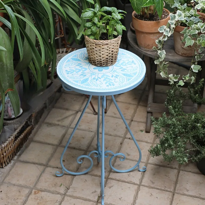 Round Iron Coffee Table with Tile Top Mosaic Patio Furniture for Garden Outdoor Terrace Side Table Rustic Metal Decor Tables
