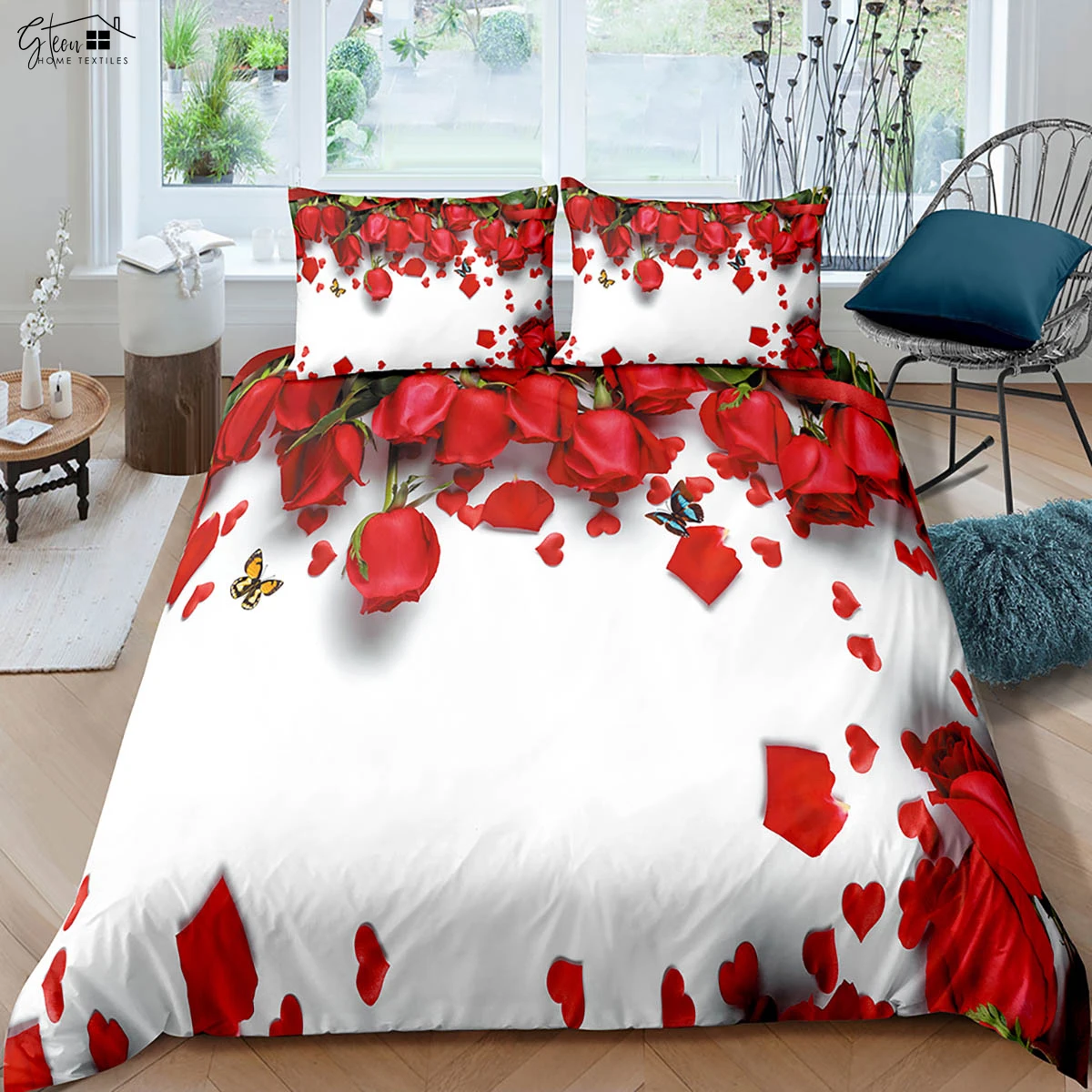 

Romantic Valentine's Day Red Rose 3d Printed Quilt Cover Bedding Set Quilt Cover Pillowcase 3 Pieces Machine Washable