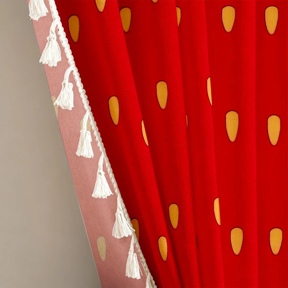 1PC Farmhouse Tassel Sheer Curtains, Strawberry Seed, Digital Print, Linen Polyester, for Bedroom Living Room Window, Room Decor