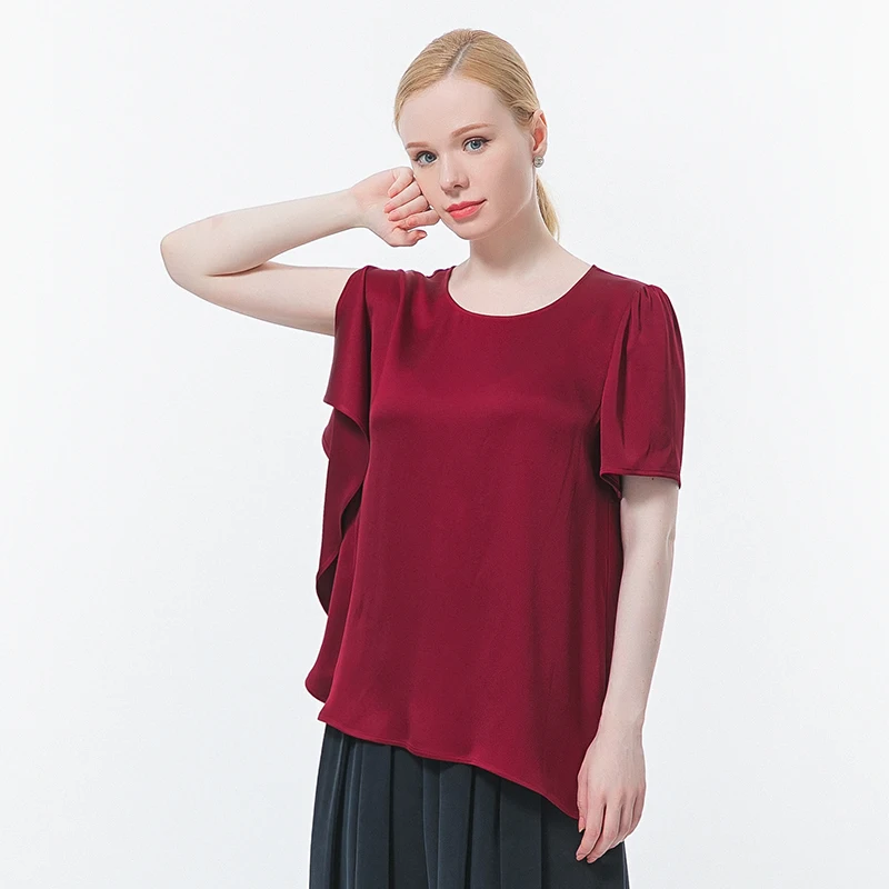 Silk Red O-neck Asymmetric Short Sleeve Tops Three-dimensional Loose-leaf Elegant Simple High Quality Loose Woman T-shirt BE672