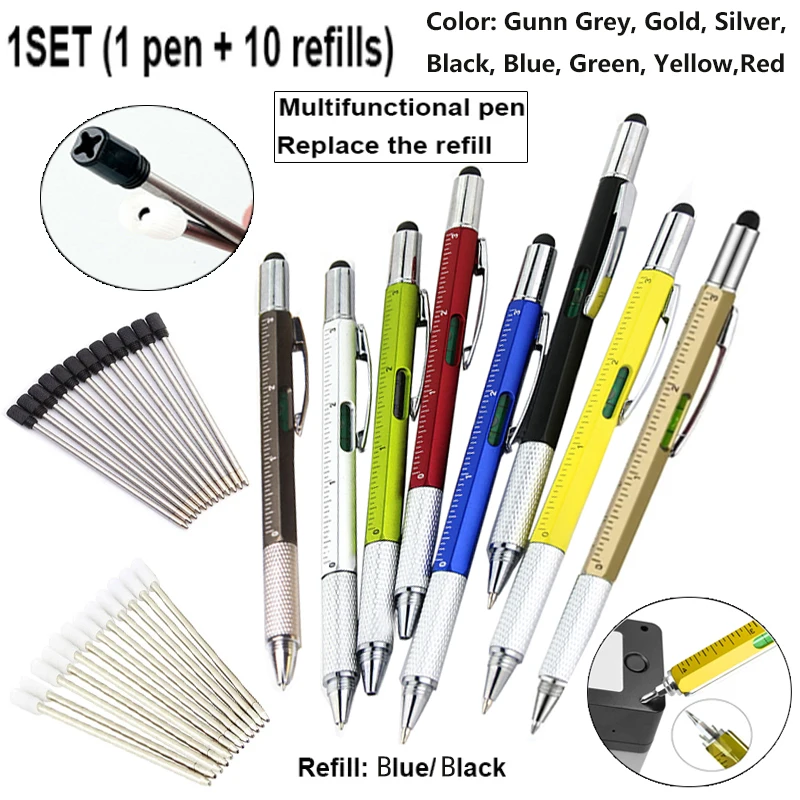 1set Multifunctional Ballpoint Pen With Handheld Tool Ruler Ballpoint Pens Screwdriver 7 in1 Multifunction Touch Screen Stylus