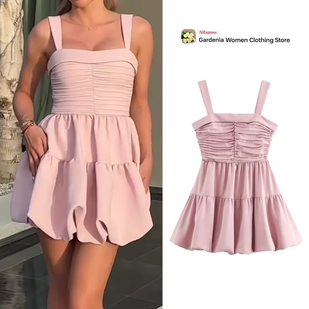 Gorgeous Summer Ruched Mini Dress Back in-seam Zipper Sweet Wide Straps Layered Pleated Robe Straight Neckline Vestidos De Mujer