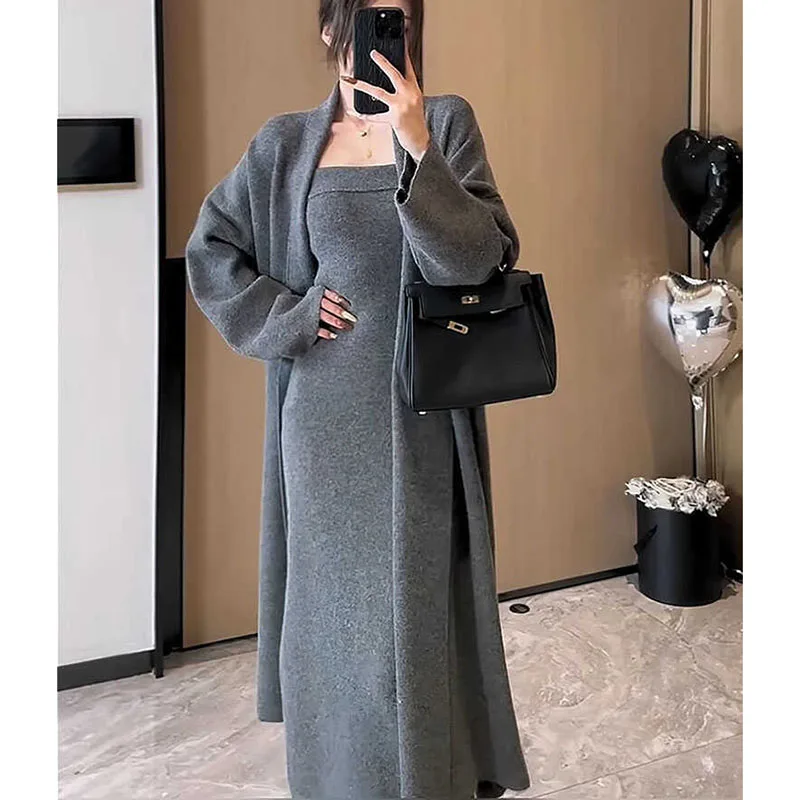 Korea Knitted Cardigan Sweater Strapless dress Suit Women's Mid-length Vintage Chic Coat Elegant Two-piece Autumn Winter 2025