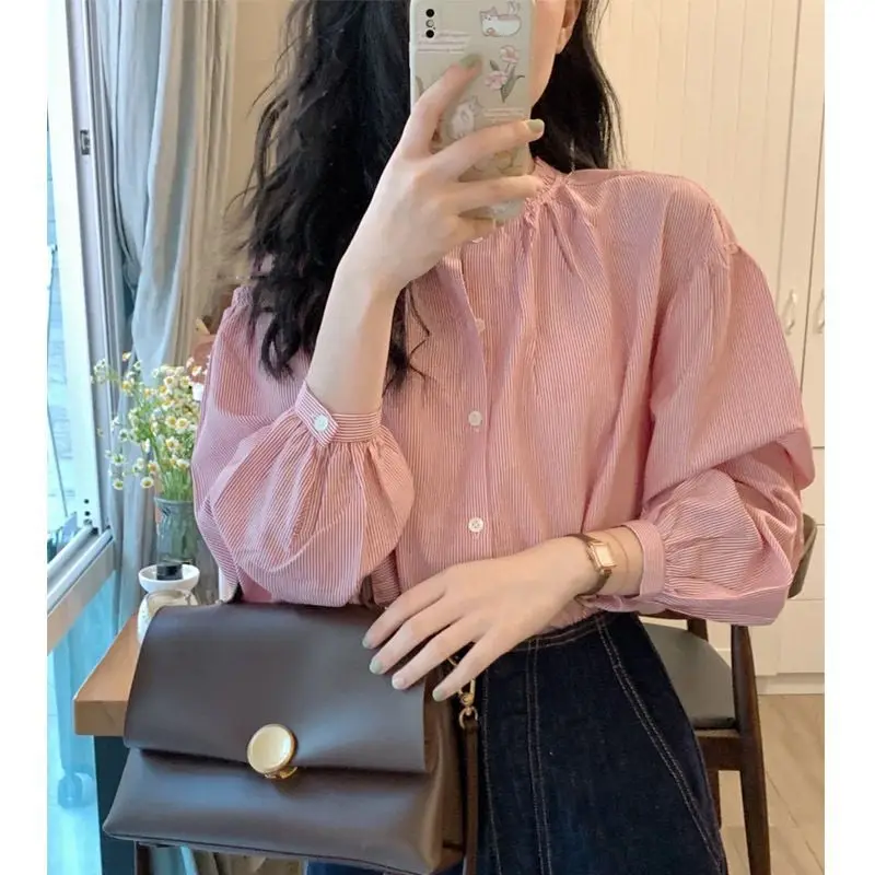 Women's Stand Collar Single Breasted Puff Long Sleeve Loose Fit Wrinkle Resistant Breathable Versatile Casual Daily Blouse Shirt